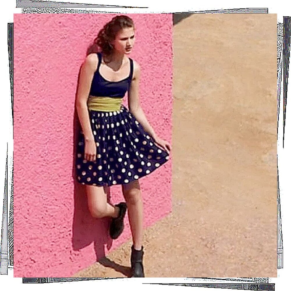 Vintage 2005 Dark Navy Dress w Cream Polka Dots, A Green Sash & Pink Lining (4)